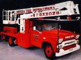 This is the “Quinn Snorkel” truck that responded to the OLA fire. Commissioner Robert J. Quinn came up with the idea of mounting a nozzle atop a mobile boom, much like tree-trimmers use, providing great mobility for both firefighting and rescue operations. The photo is from a 1993 calendar issued by Figgie International who owned American LaFrance (fire fighting equipment manufacturer) in 1993. This unit was restored to the 1958 appearance by the Snorkel Company for the American LaFrance Museum collection. (Photo courtesy of Ken Soderbeck of “Hand in Hand Restoration”)