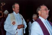 Father Tom Mulcrone, Chaplain of CFD (Chicago Fire Department) and of IAFF (International Assoc. of Fire Fighters), and Rev. Jerry Boland, Administrator, Holy Family Church. 45th Anniversary Mass at Holy Family Church on December 1, 2003. (Photo Courtesy of Alice Mujica)