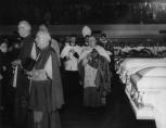 Cardinal Spellman at the Armory on Friday, December 5, 1958, during a Memorial Mass for 27 of the child victims of the Our Lady of the Angels fire. Many high ranking church religious as well as thousands of citizens attend the service. (Photo courtesy of The Catholic New World with photo research by Renee Jackson)